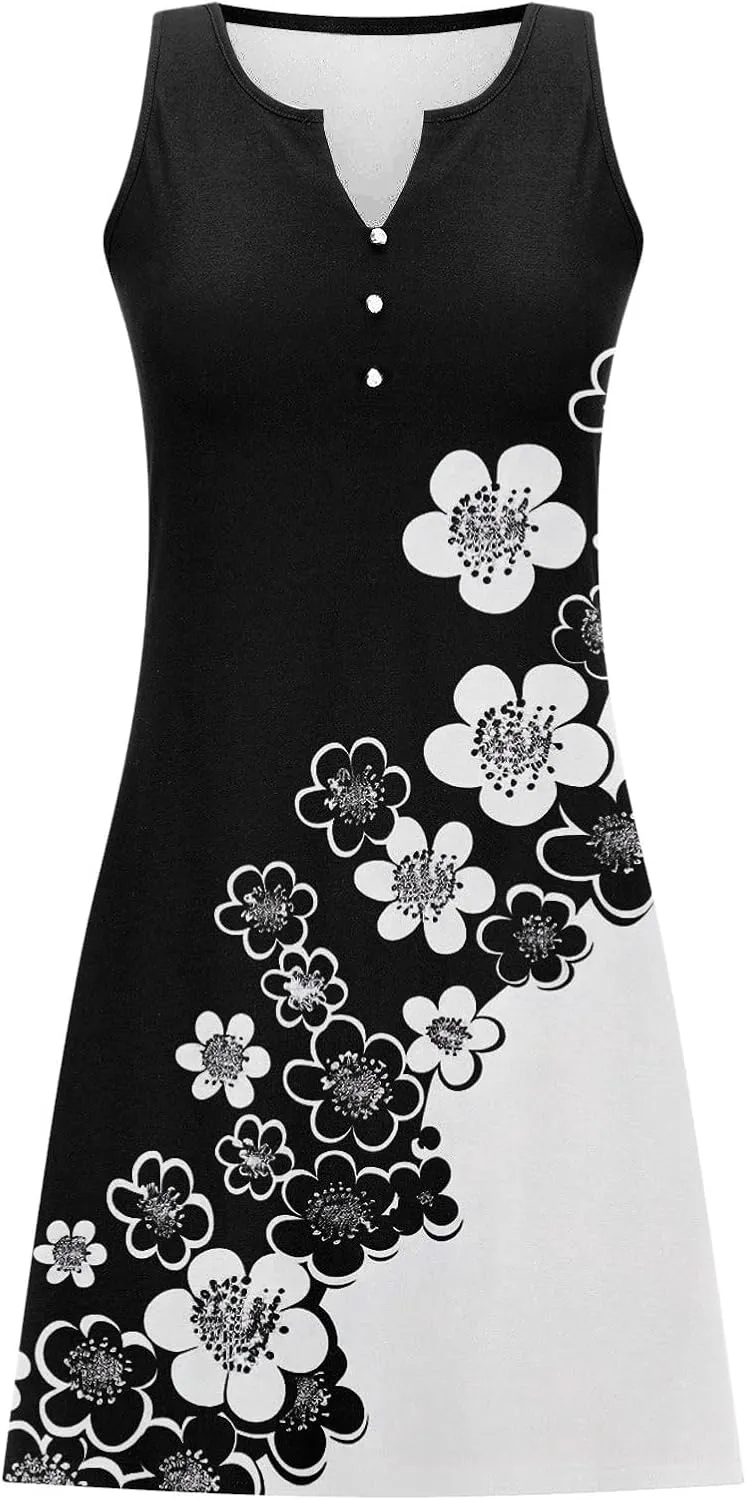 Summer Dresses Womens Beach Vacation Boho Floral Tunic Dress Sexy Button V Neck Sleeveless Tunic Mini Tank Sundress
