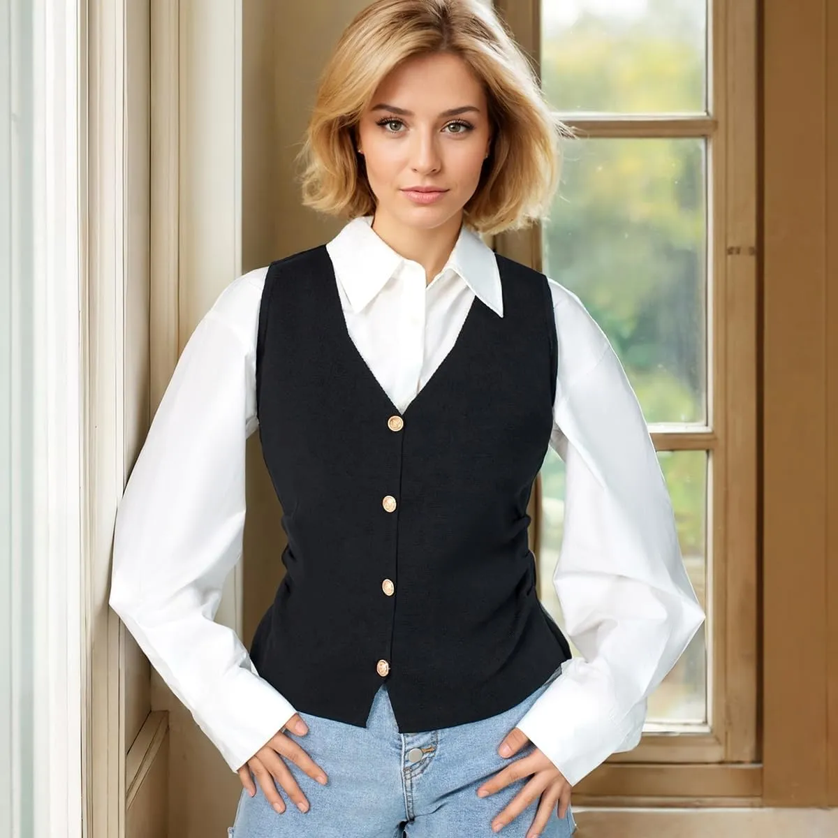 Sweater Vest Top for Women Dressy Sleeveless V Neck Cardigan Sweater Elegant Button Up 2025 Trendy Sweaters Tank Vest