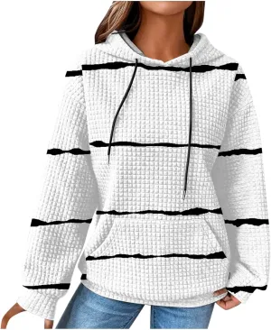 Sweatshirt for Womens Fashion Waffle Long Sleeve Striped Hoodies Casual Loose Lightweight Drawstring Pullover Shirts