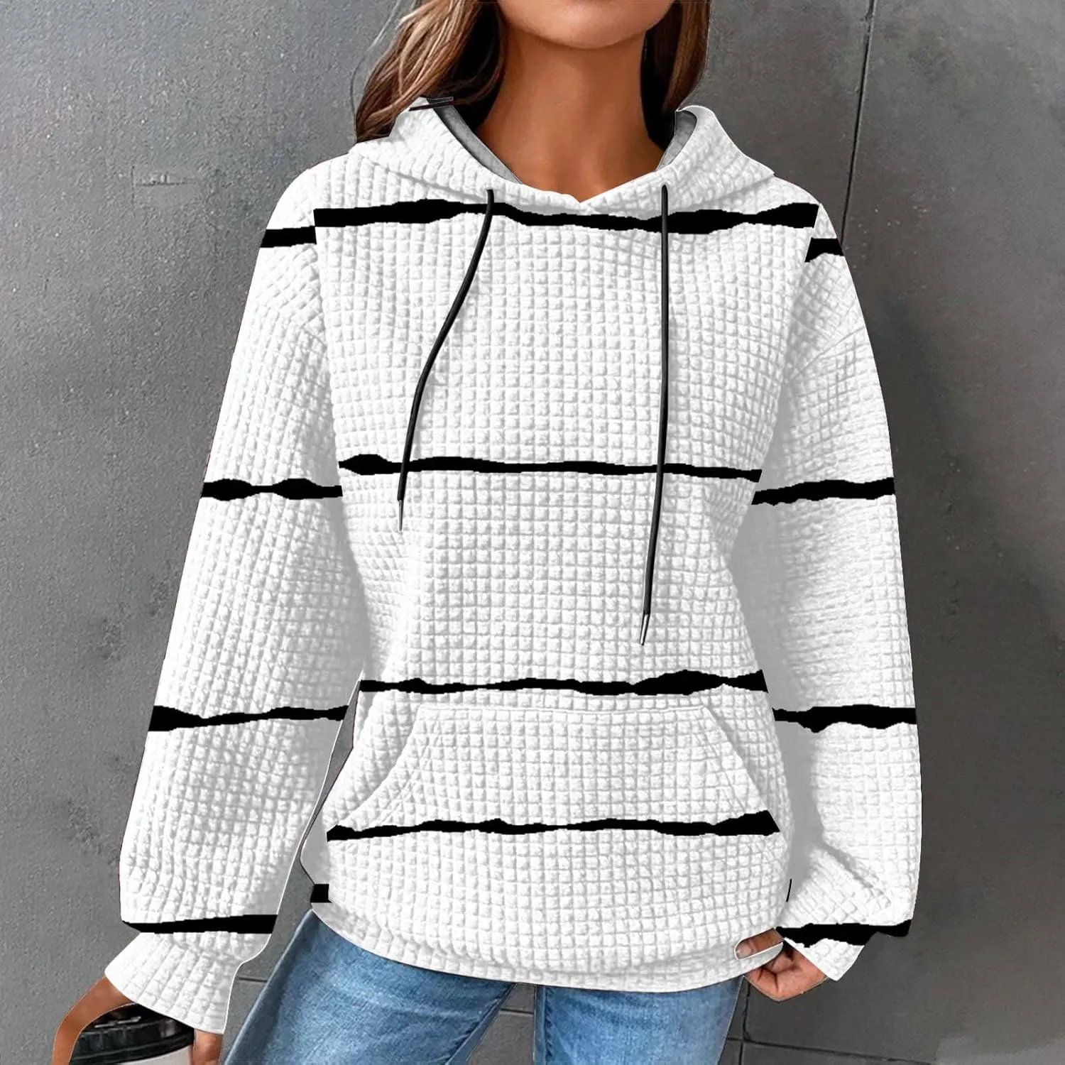 Sweatshirt for Womens Fashion Waffle Long Sleeve Striped Hoodies Casual Loose Lightweight Drawstring Pullover Shirts
