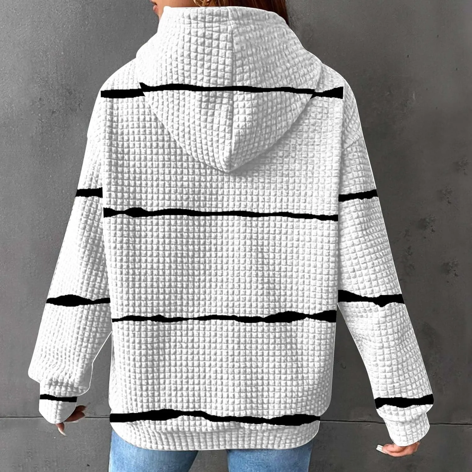 Sweatshirt for Womens Fashion Waffle Long Sleeve Striped Hoodies Casual Loose Lightweight Drawstring Pullover Shirts