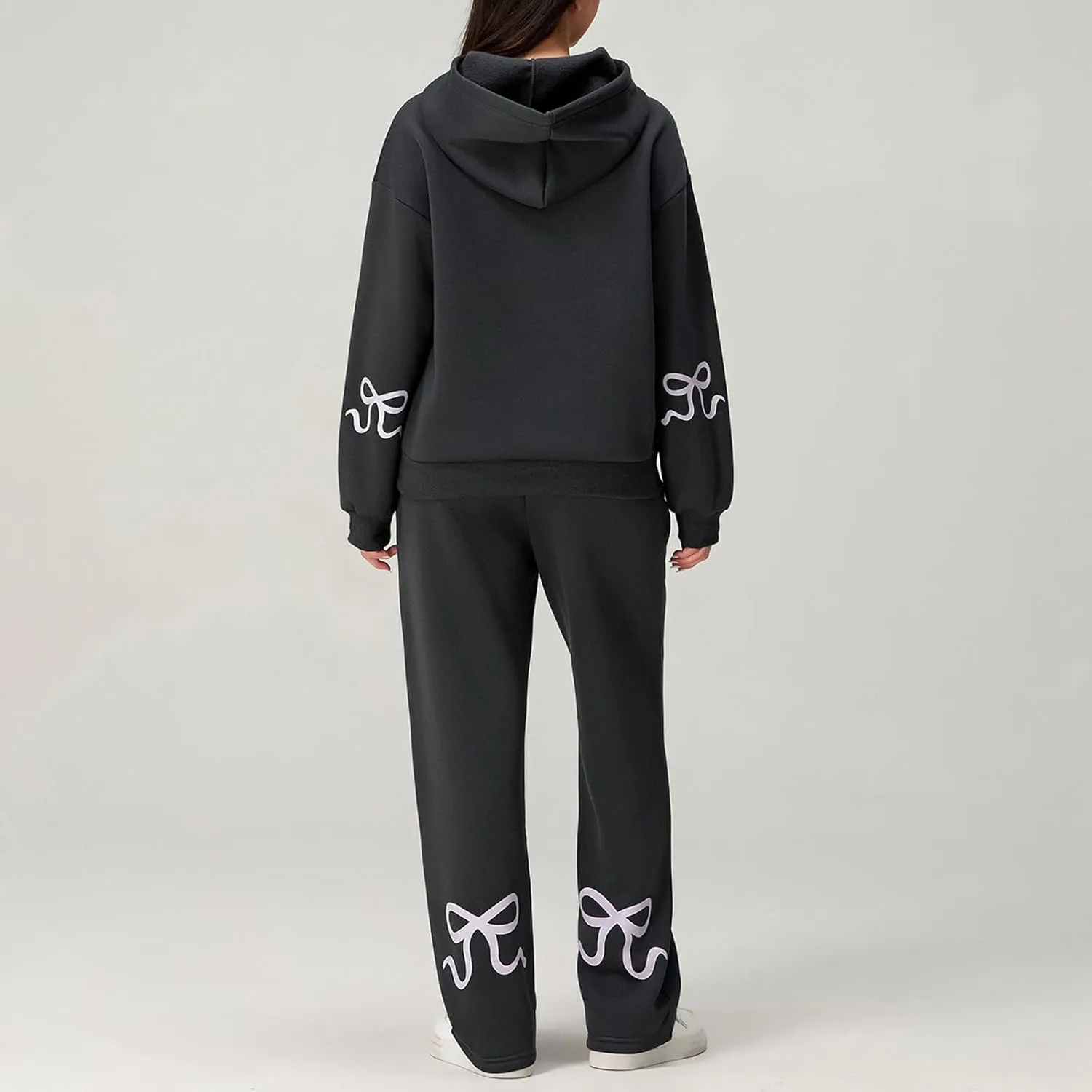 Sweatsuits Women 2 Piece Outfit Bow Print Long Sleeve Oversized Hooded Sweatshirt Wide Leg Sweatpants Set Tracksuit