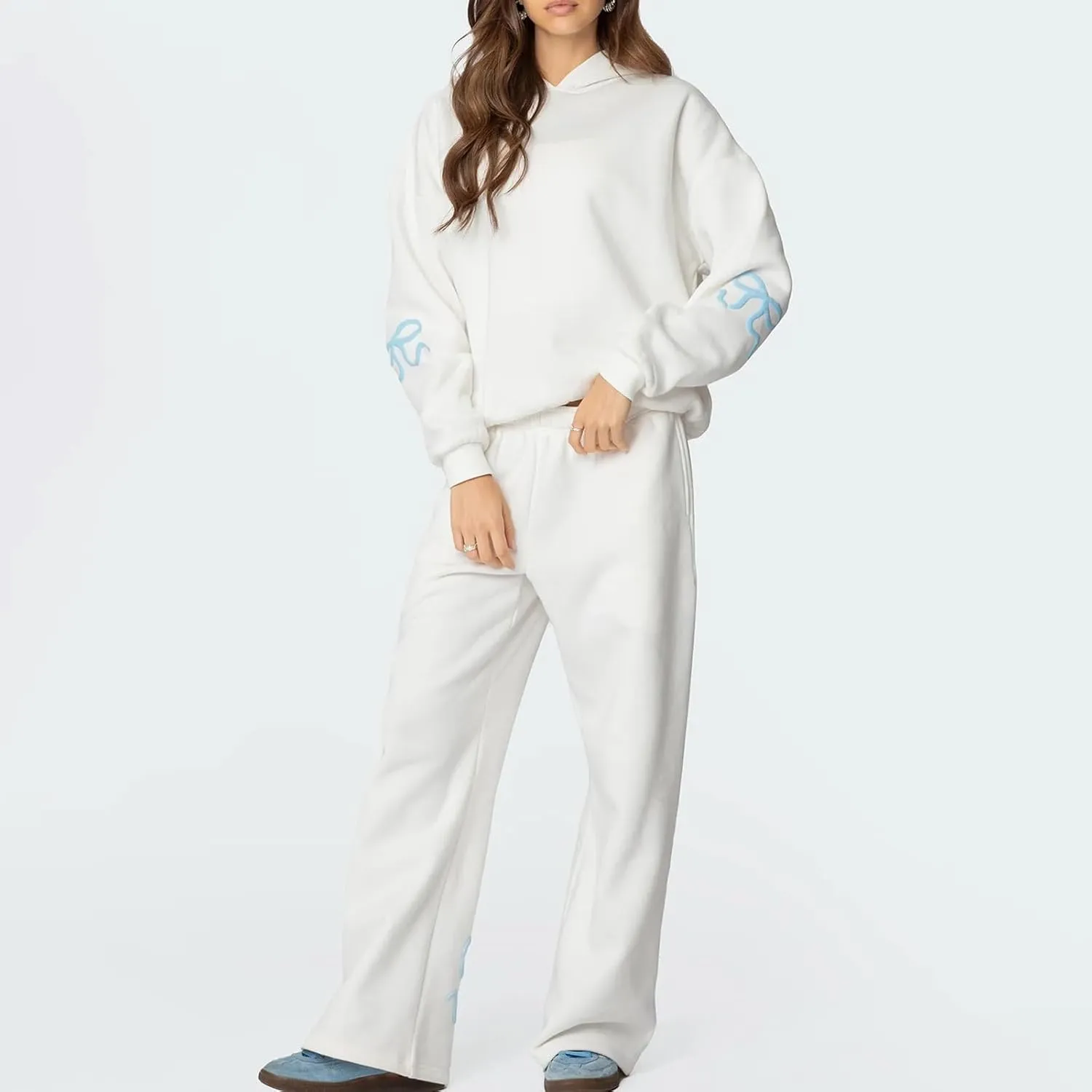 Sweatsuits Women 2 Piece Outfit Bow Print Long Sleeve Oversized Hooded Sweatshirt Wide Leg Sweatpants Set Tracksuit