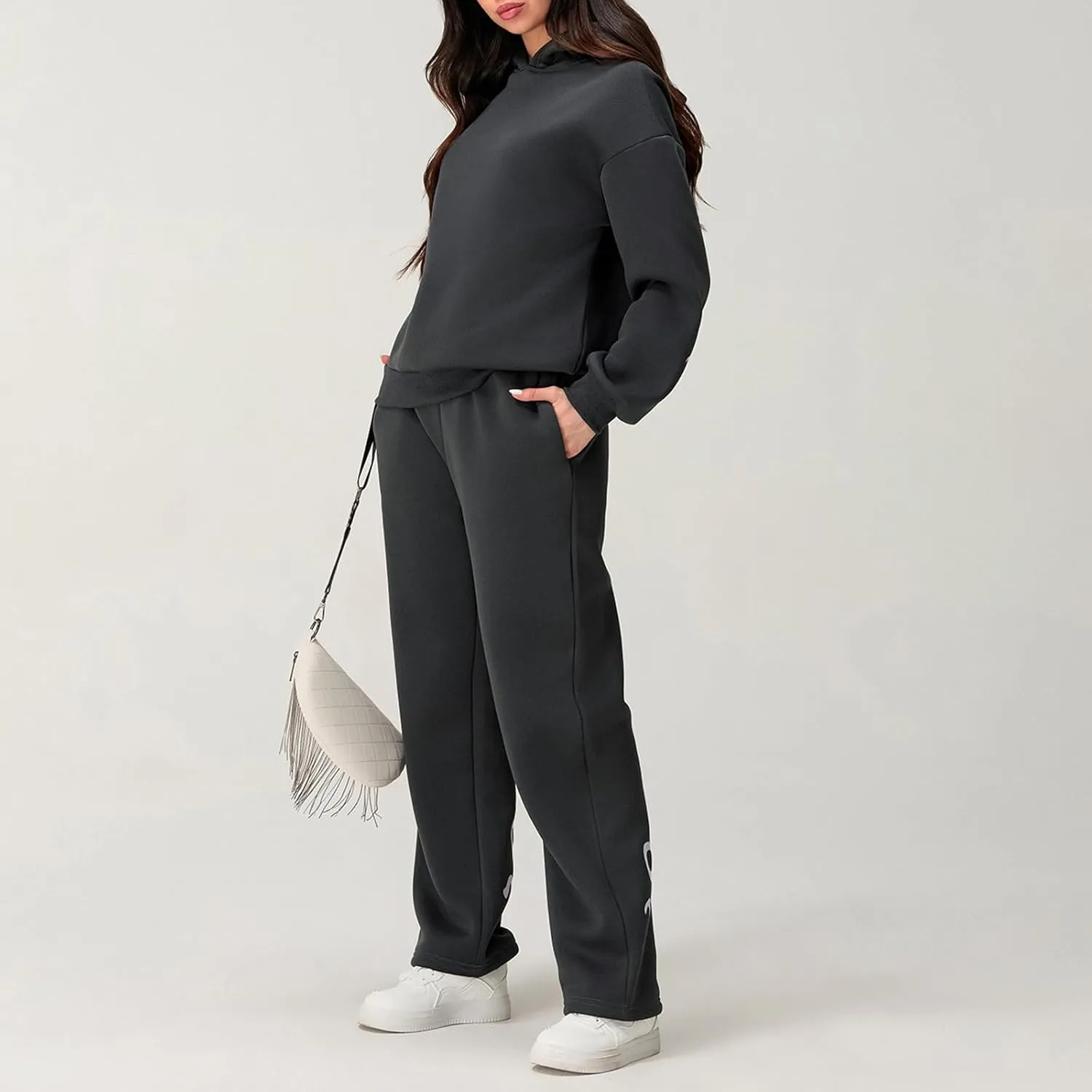 Sweatsuits Women 2 Piece Outfit Bow Print Long Sleeve Oversized Hooded Sweatshirt Wide Leg Sweatpants Set Tracksuit