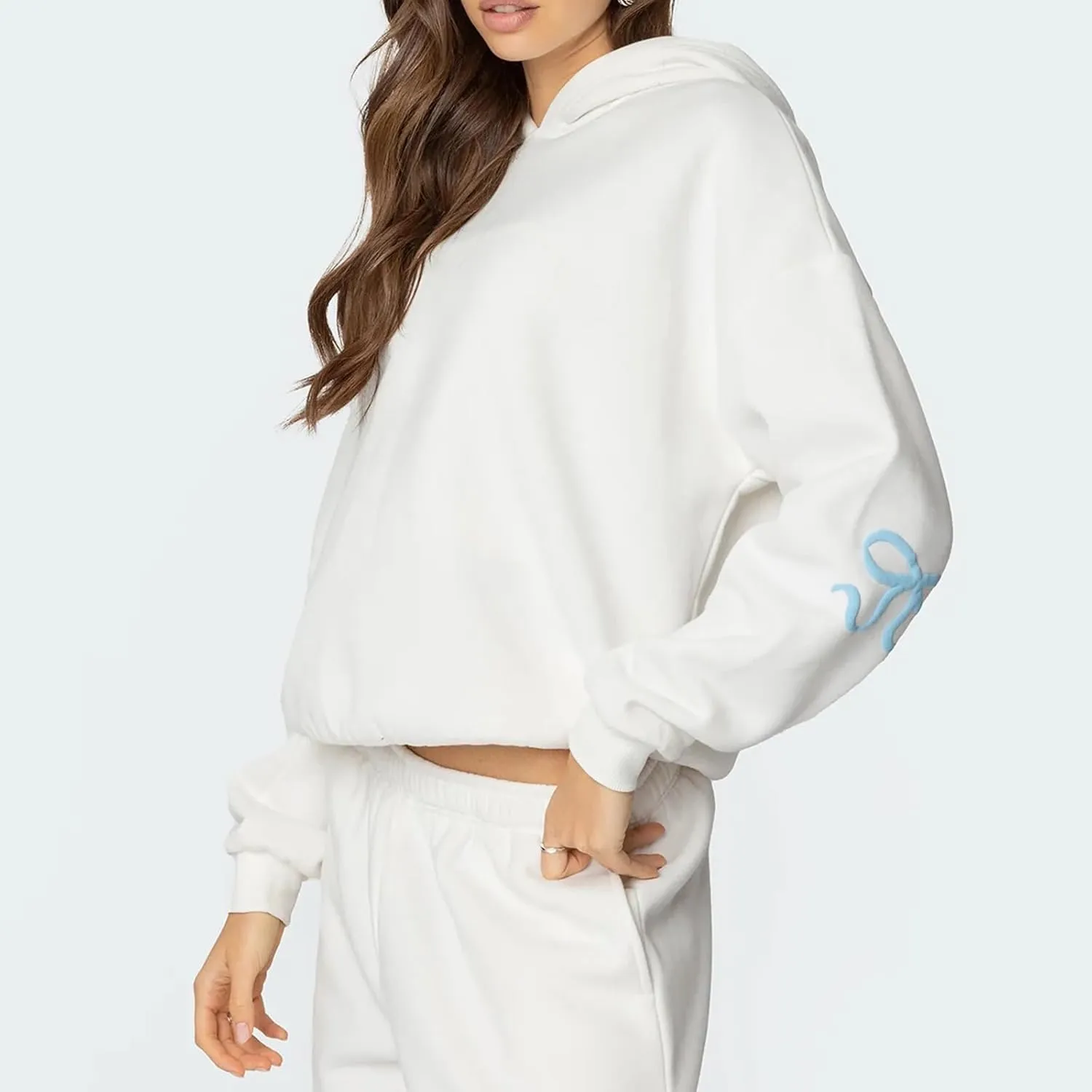 Sweatsuits Women 2 Piece Outfit Bow Print Long Sleeve Oversized Hooded Sweatshirt Wide Leg Sweatpants Set Tracksuit