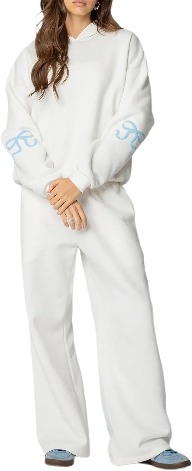 Sweatsuits Women 2 Piece Outfit Bow Print Long Sleeve Oversized Hooded Sweatshirt Wide Leg Sweatpants Set Tracksuit