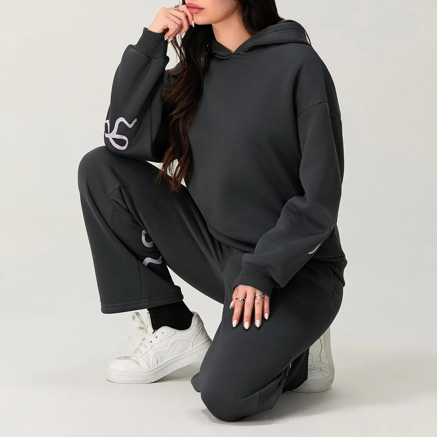 Sweatsuits Women 2 Piece Outfit Bow Print Long Sleeve Oversized Hooded Sweatshirt Wide Leg Sweatpants Set Tracksuit