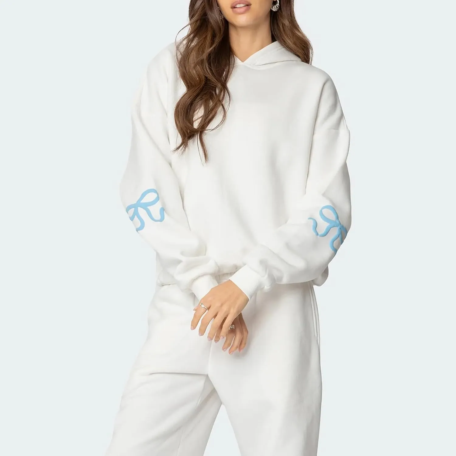 Sweatsuits Women 2 Piece Outfit Bow Print Long Sleeve Oversized Hooded Sweatshirt Wide Leg Sweatpants Set Tracksuit