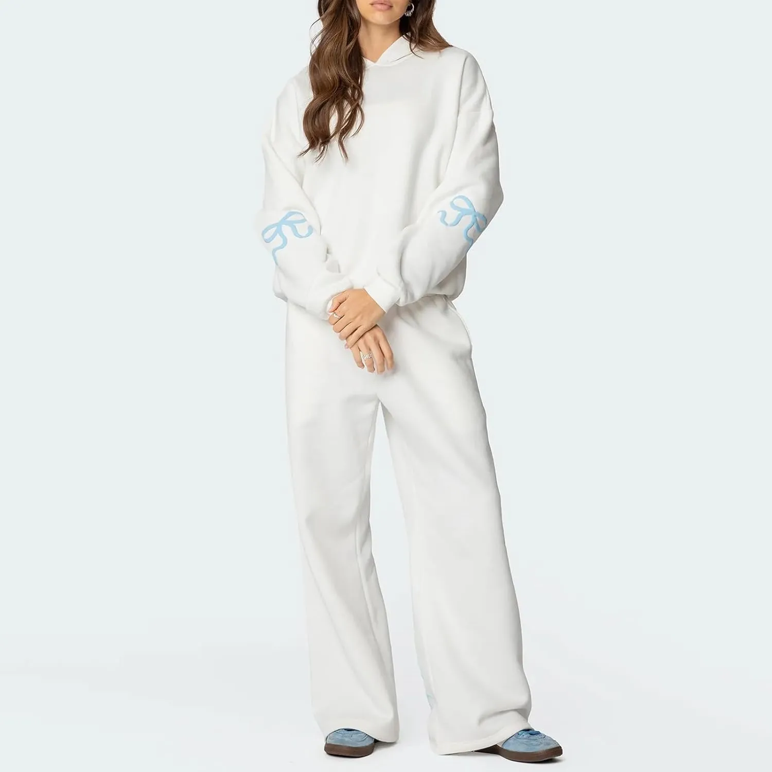 Sweatsuits Women 2 Piece Outfit Bow Print Long Sleeve Oversized Hooded Sweatshirt Wide Leg Sweatpants Set Tracksuit