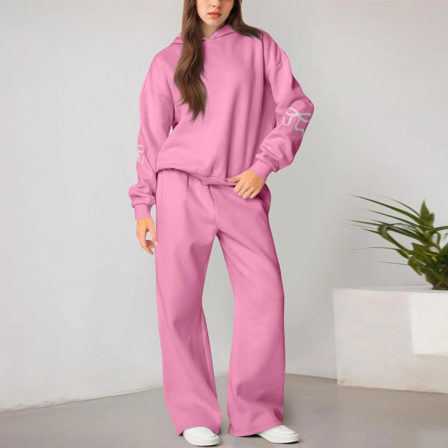 Sweatsuits Women 2 Piece Outfit Fleece Oversized Bow Hoodie and Sweatpants Track Suits Matching Lounge Pants Sets