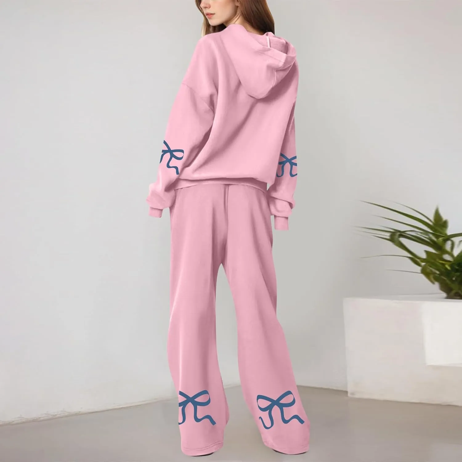 Sweatsuits Women 2 Piece Outfit Fleece Oversized Bow Hoodie and Sweatpants Track Suits Matching Lounge Pants Sets