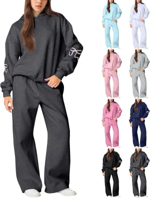 Sweatsuits Women 2 Piece Outfit Fleece Oversized Bow Hoodie and Sweatpants Track Suits Matching Lounge Pants Sets