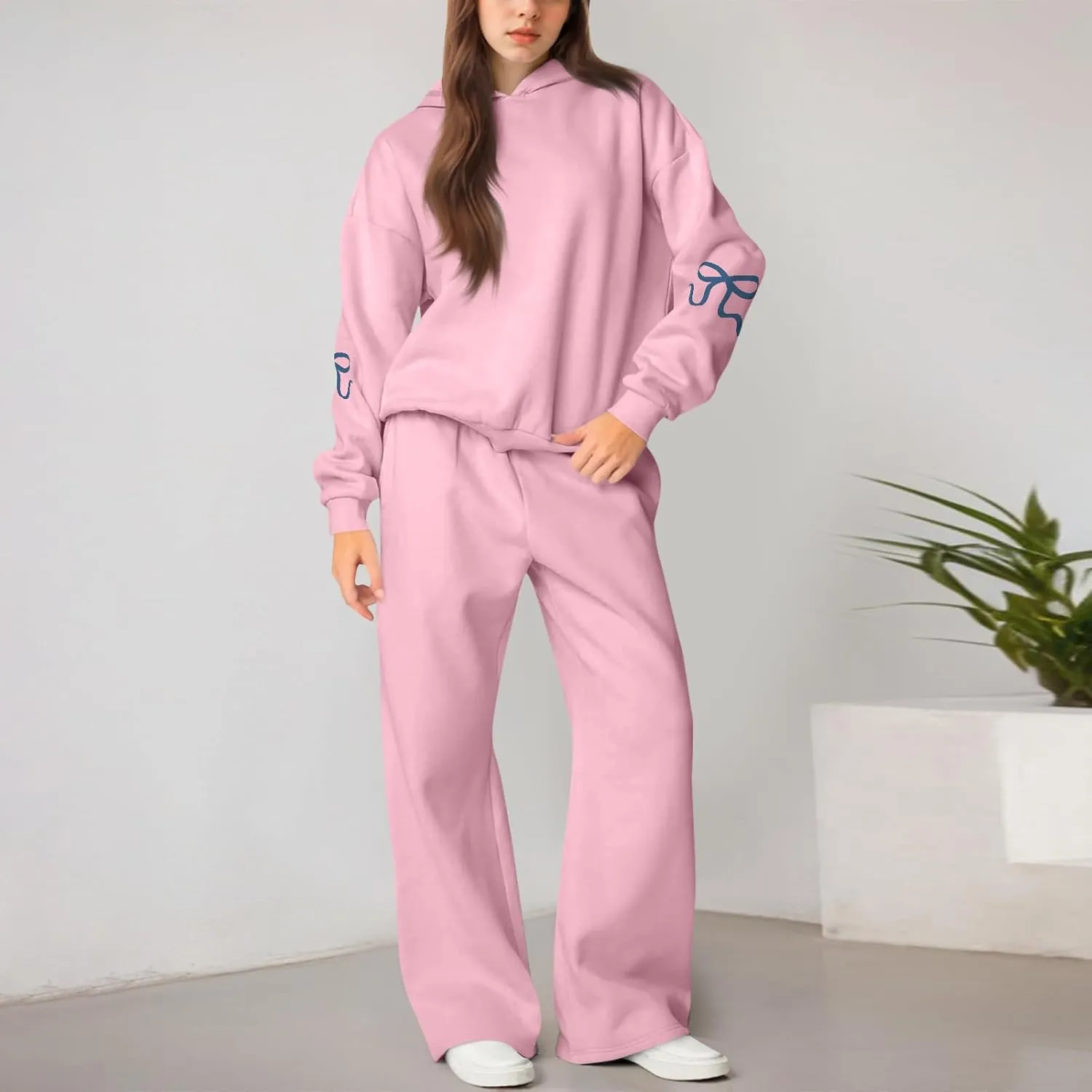 Sweatsuits Women 2 Piece Outfit Fleece Oversized Bow Hoodie and Sweatpants Track Suits Matching Lounge Pants Sets
