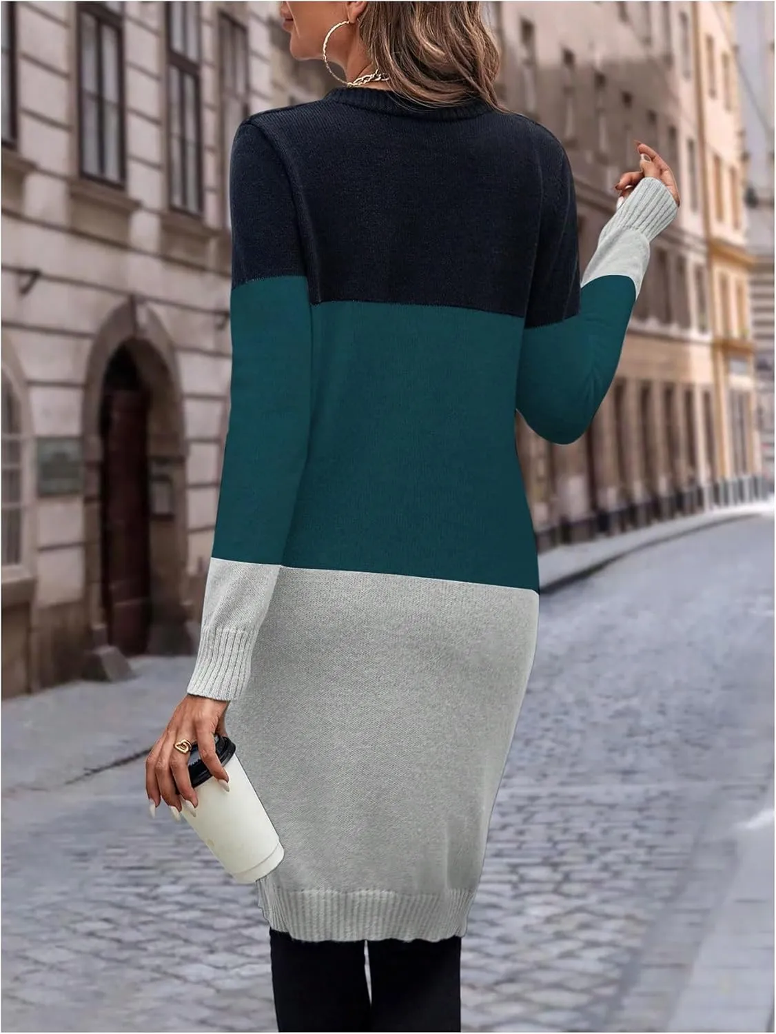 SweatyRocks Women's Color Block Button Front V Neck Long Sleeve Cardigan Soft Knit Long Coat Sweater