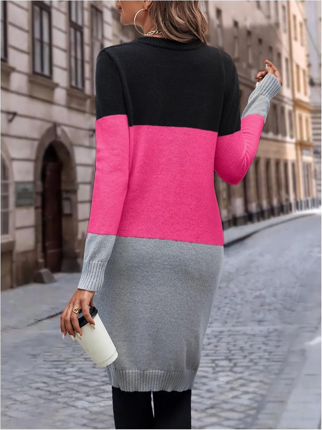 SweatyRocks Women's Color Block Button Front V Neck Long Sleeve Cardigan Soft Knit Long Coat Sweater