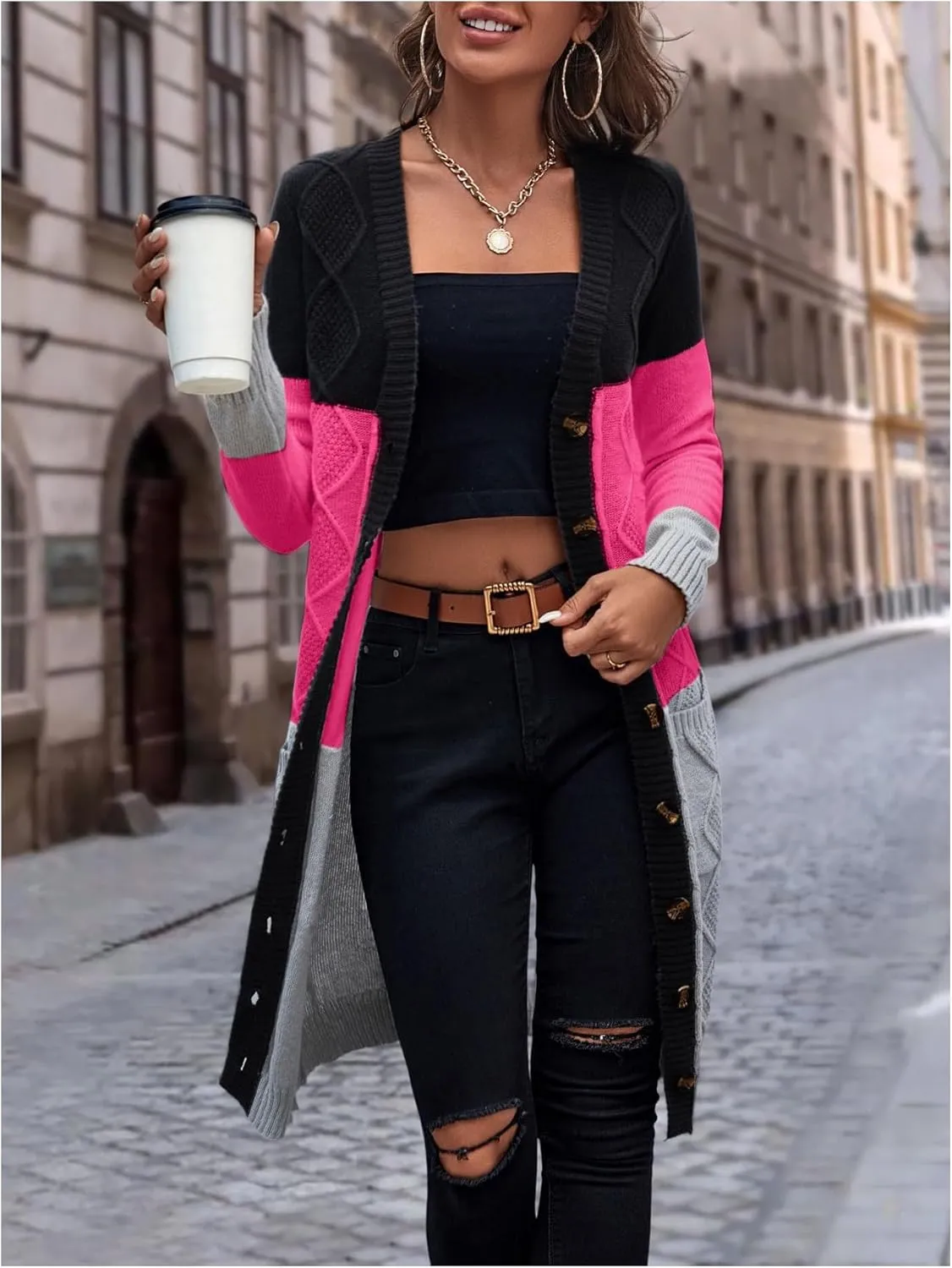 SweatyRocks Women's Color Block Button Front V Neck Long Sleeve Cardigan Soft Knit Long Coat Sweater