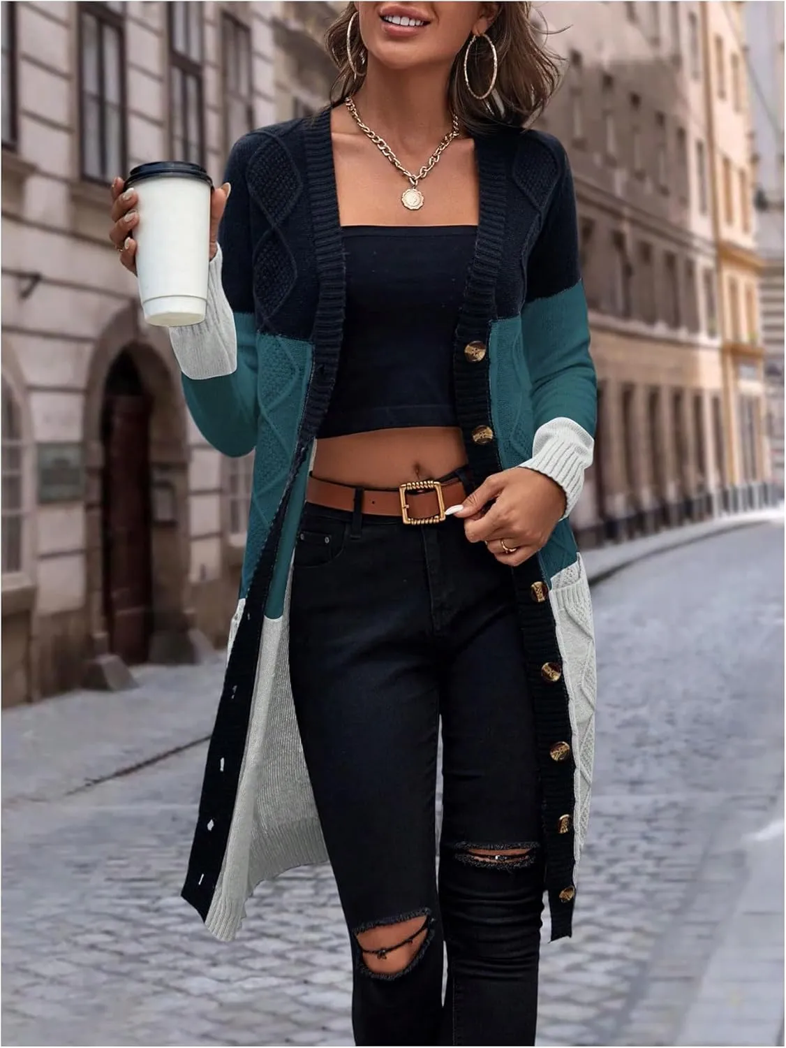 SweatyRocks Women's Color Block Button Front V Neck Long Sleeve Cardigan Soft Knit Long Coat Sweater