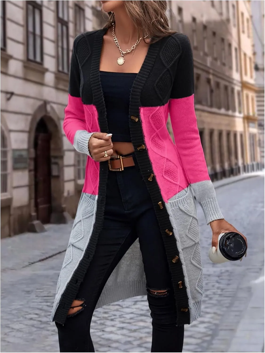 SweatyRocks Women's Color Block Button Front V Neck Long Sleeve Cardigan Soft Knit Long Coat Sweater