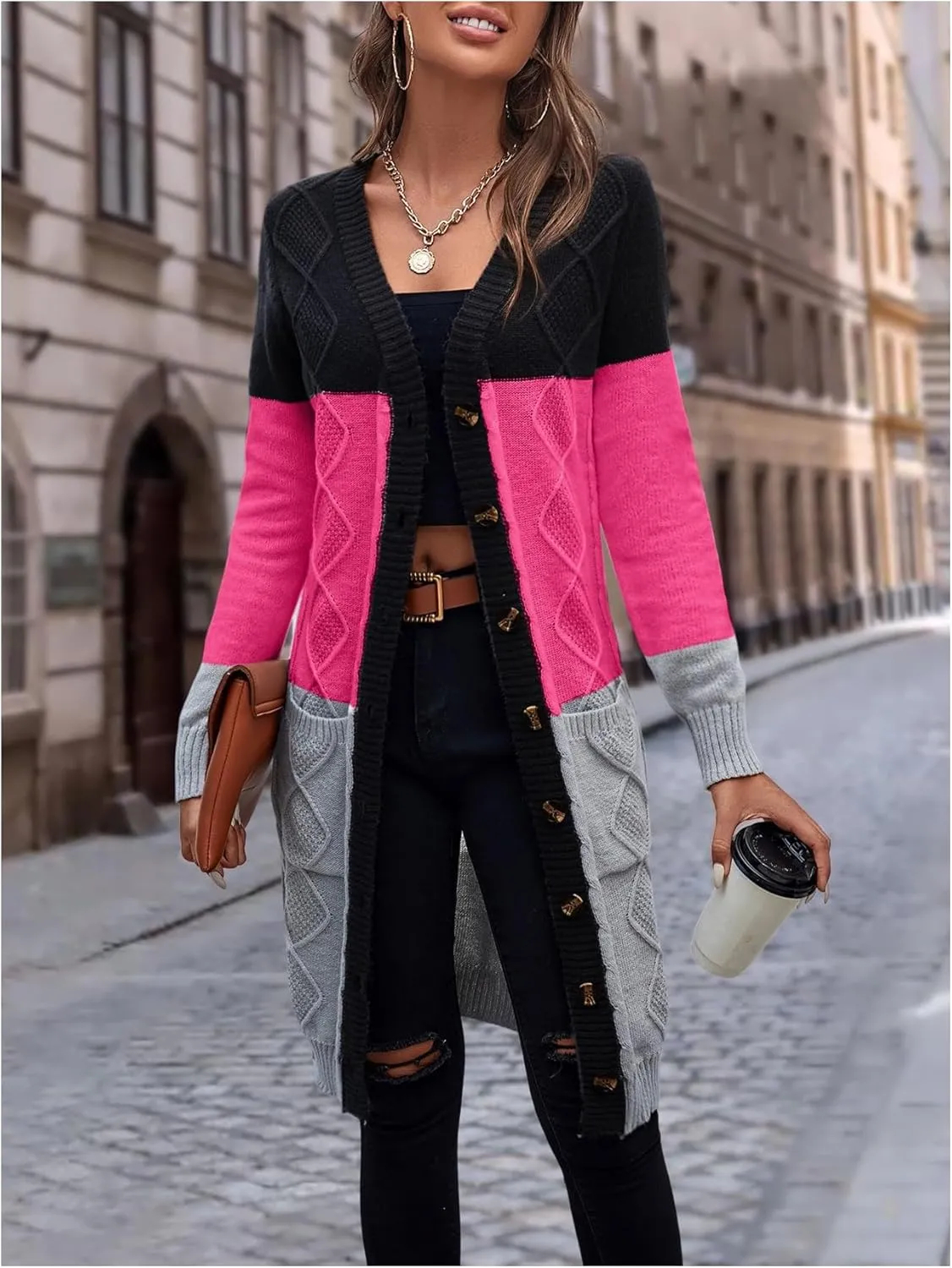 SweatyRocks Women's Color Block Button Front V Neck Long Sleeve Cardigan Soft Knit Long Coat Sweater