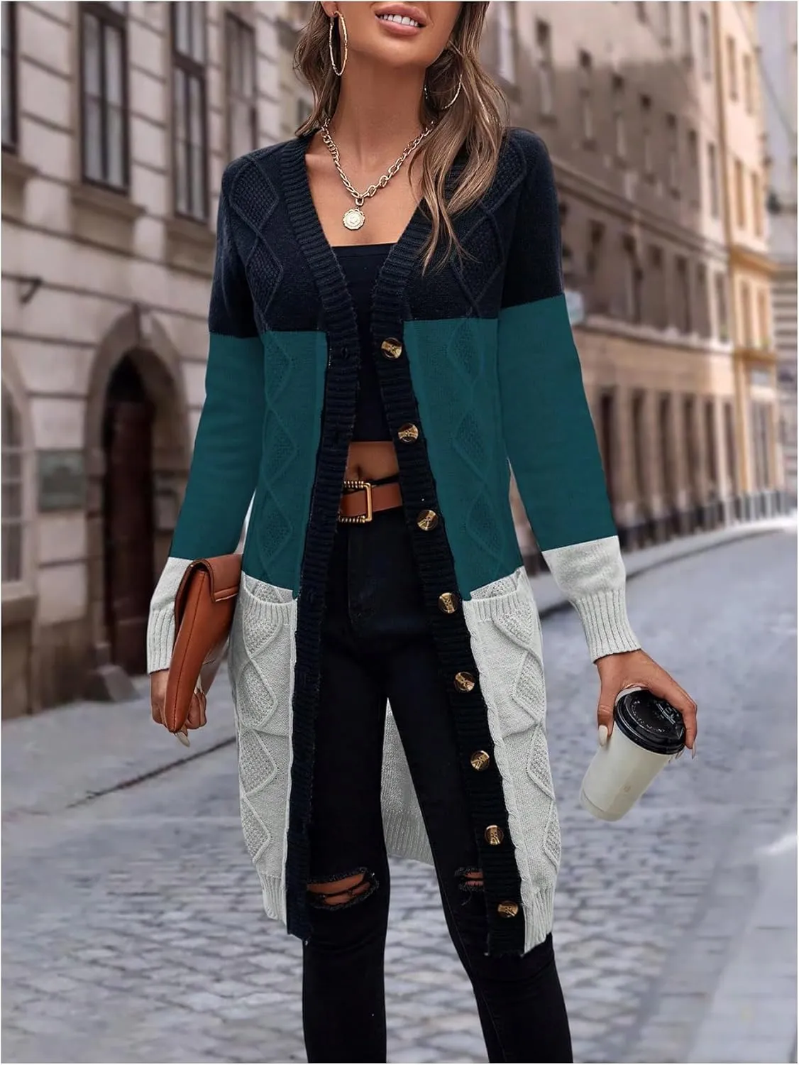 SweatyRocks Women's Color Block Button Front V Neck Long Sleeve Cardigan Soft Knit Long Coat Sweater