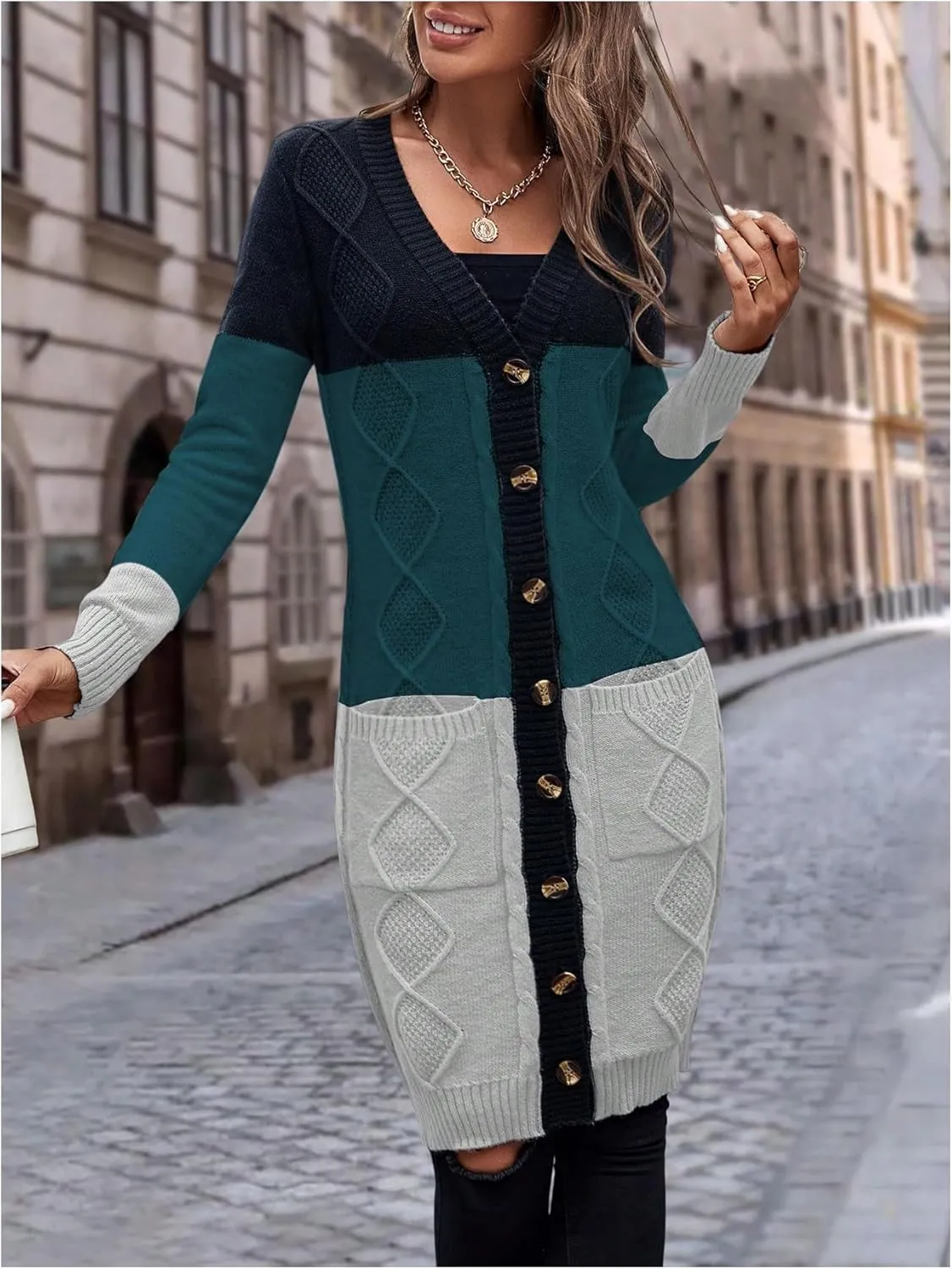 SweatyRocks Women's Color Block Button Front V Neck Long Sleeve Cardigan Soft Knit Long Coat Sweater