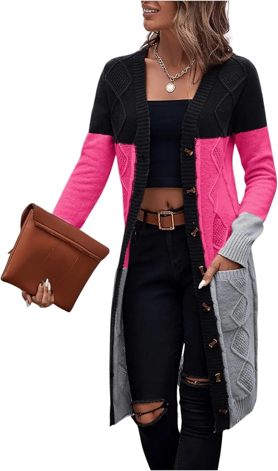 SweatyRocks Women's Color Block Button Front V Neck Long Sleeve Cardigan Soft Knit Long Coat Sweater