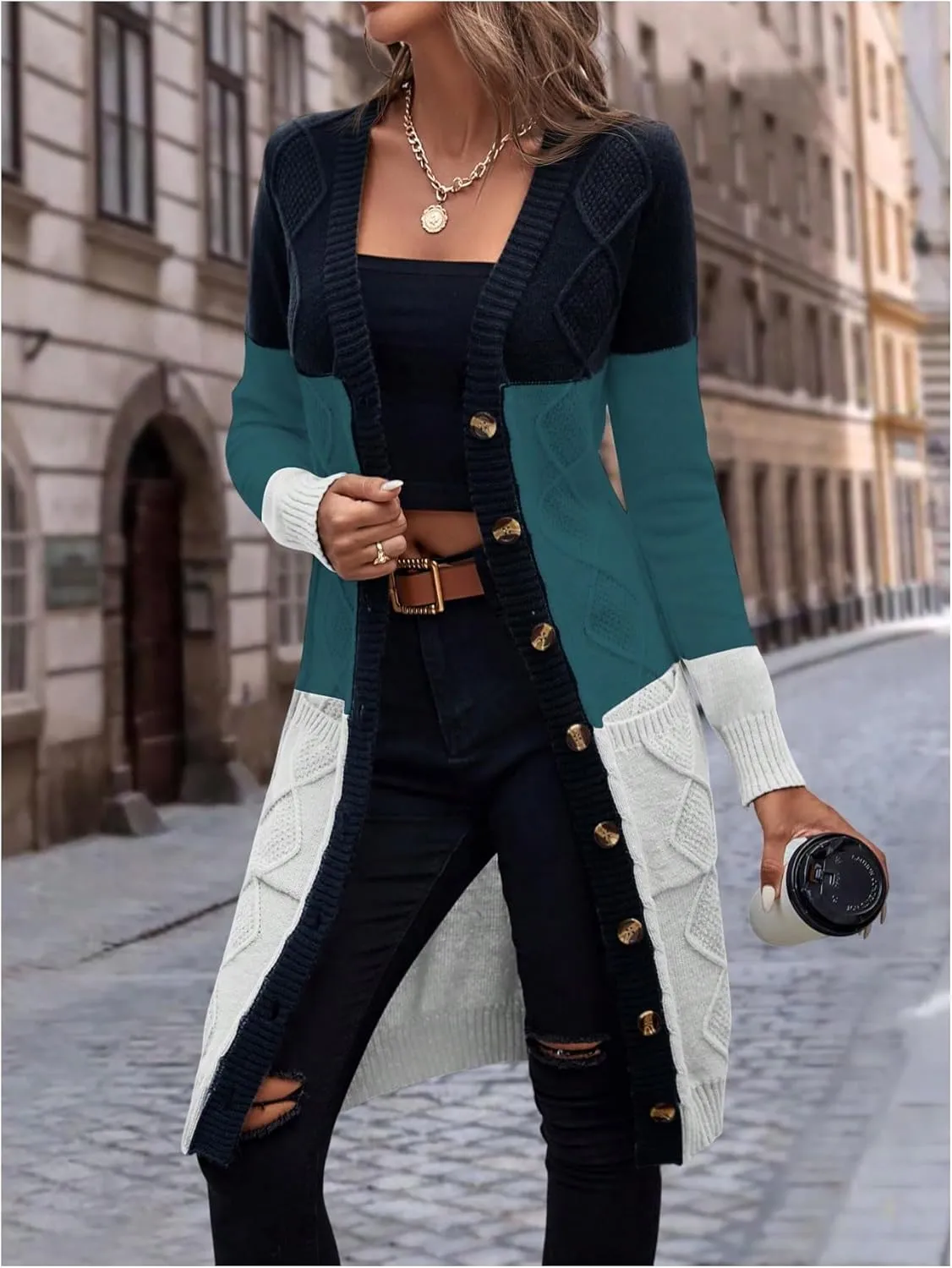 SweatyRocks Women's Color Block Button Front V Neck Long Sleeve Cardigan Soft Knit Long Coat Sweater