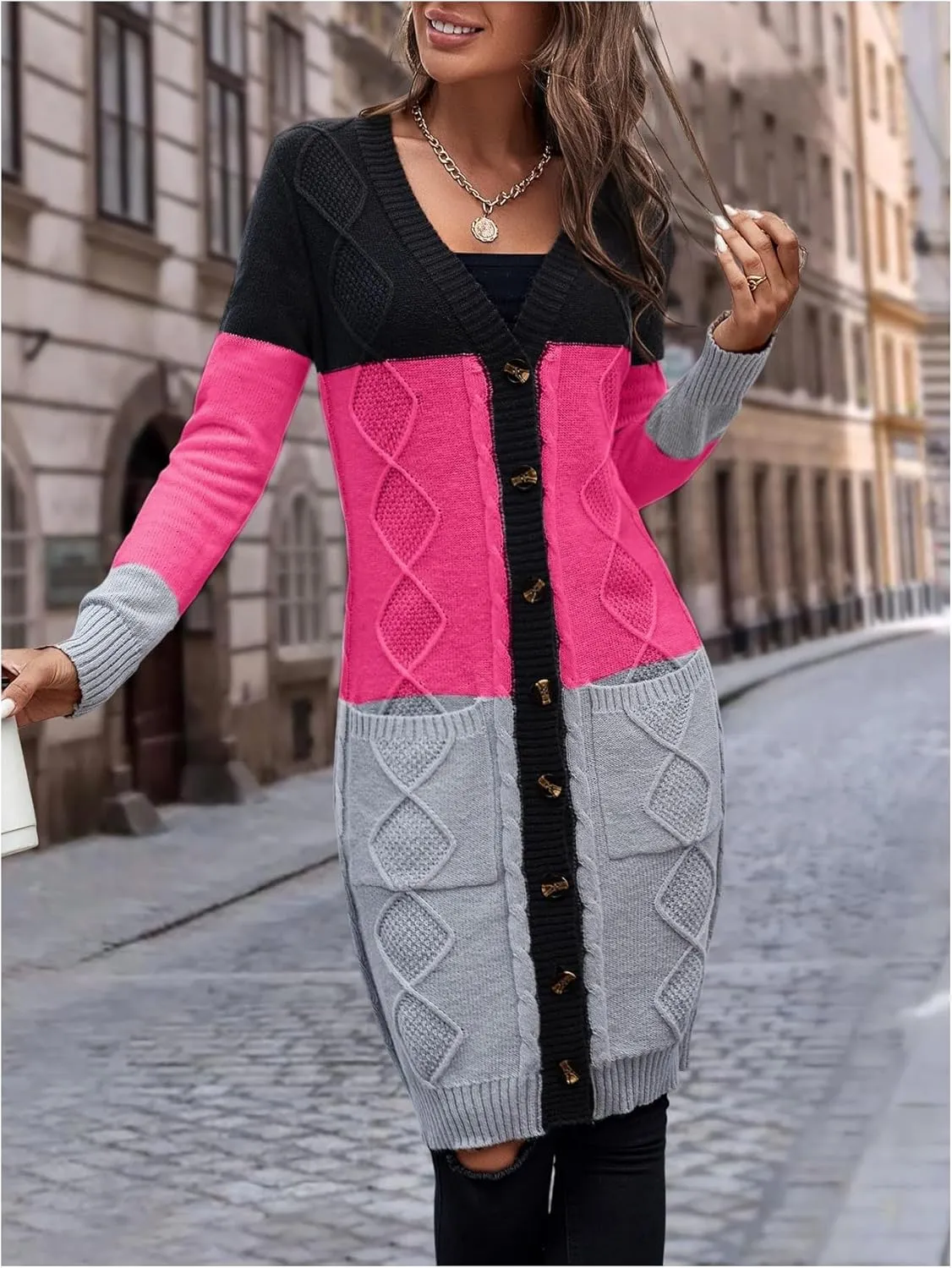 SweatyRocks Women's Color Block Button Front V Neck Long Sleeve Cardigan Soft Knit Long Coat Sweater