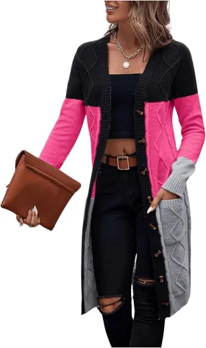 SweatyRocks Women's Color Block Button Front V Neck Long Sleeve Cardigan Soft Knit Long Coat Sweater