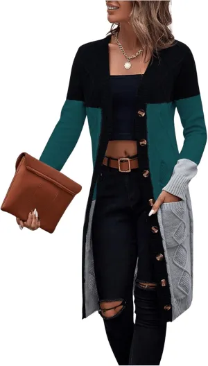 SweatyRocks Women's Color Block Button Front V Neck Long Sleeve Cardigan Soft Knit Long Coat Sweater