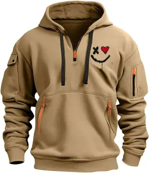 Tactical Hoodies for Men Vintage Heavyweight Quarter Zip Pullover Casual Oversized Long Sleeve Sweatshirt with Pockets