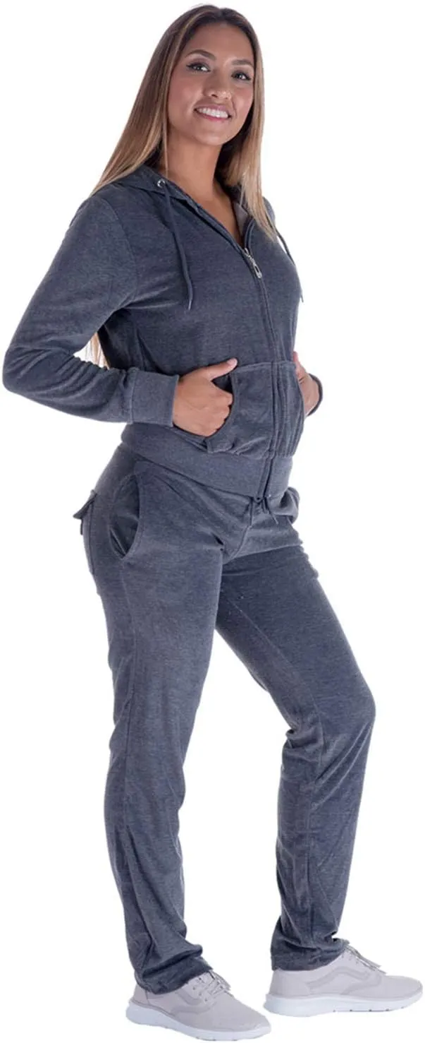 TanBridge Women's 2 Piece Solid Velvet Tracksuit Set Full Zip-up Hooded Sweatshirts & Pants Set