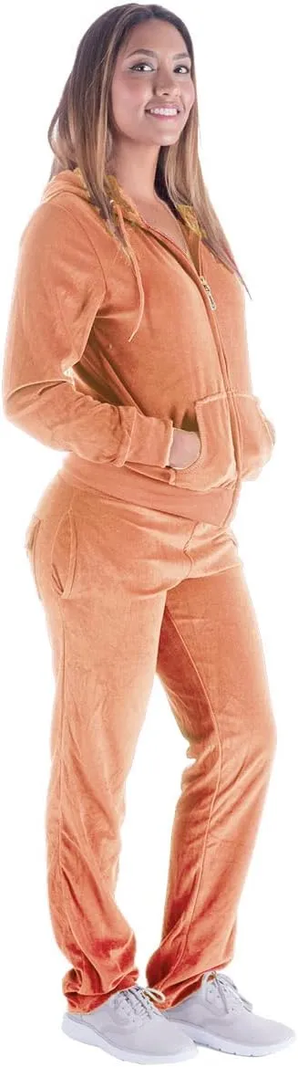 TanBridge Women's 2 Piece Solid Velvet Tracksuit Set Full Zip-up Hooded Sweatshirts & Pants Set