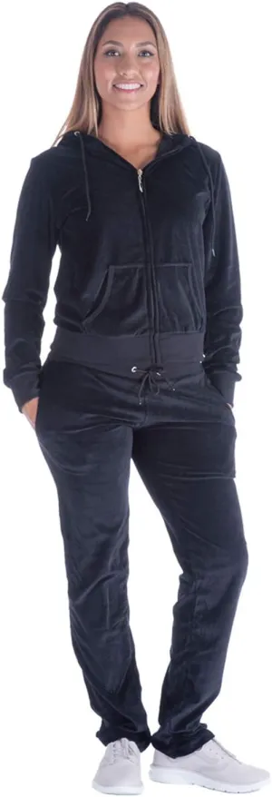 TanBridge Women's 2 Piece Solid Velvet Tracksuit Set Full Zip-up Hooded Sweatshirts & Pants Set