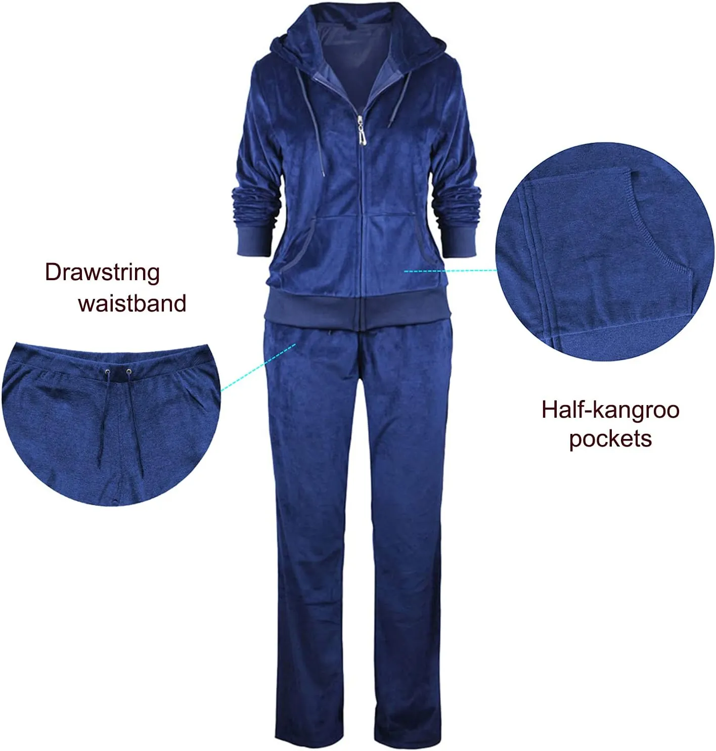 TanBridge Women's 2 Piece Solid Velvet Tracksuit Set Full Zip-up Hooded Sweatshirts & Pants Set