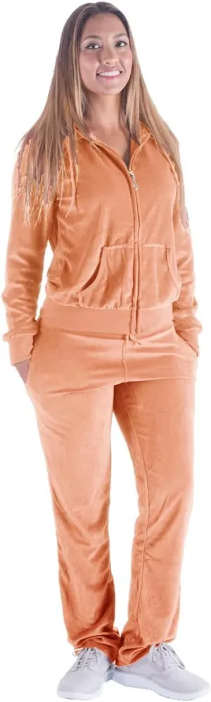 TanBridge Women's 2 Piece Solid Velvet Tracksuit Set Full Zip-up Hooded Sweatshirts & Pants Set