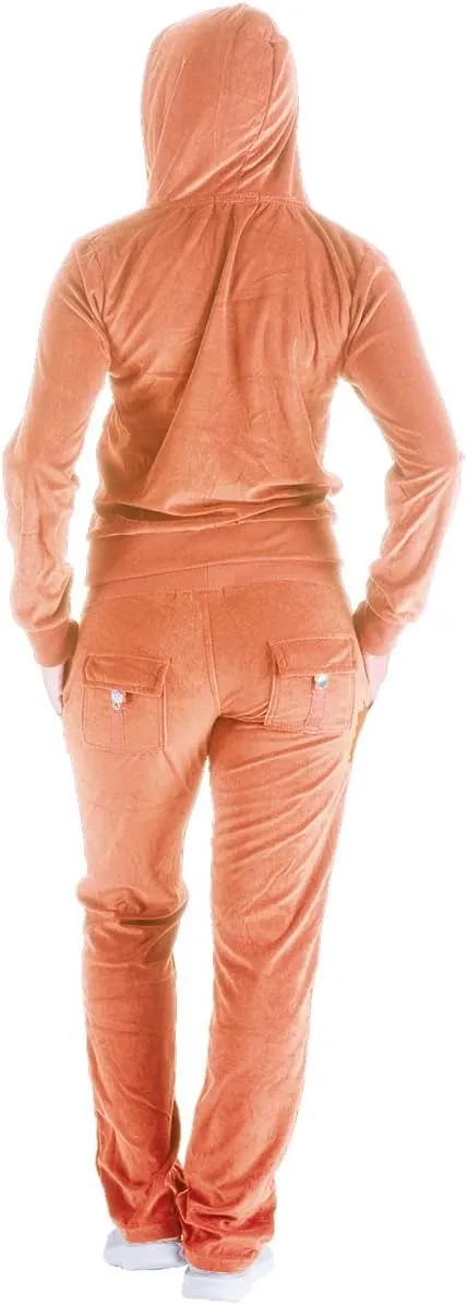 TanBridge Women's 2 Piece Solid Velvet Tracksuit Set Full Zip-up Hooded Sweatshirts & Pants Set