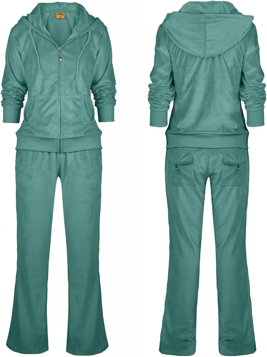 TanBridge Women's 2 Piece Solid Velvet Tracksuit Set Full Zip-up Hooded Sweatshirts & Pants Set