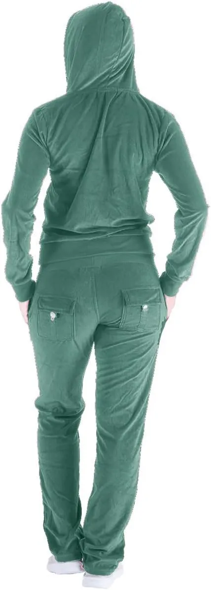 TanBridge Women's 2 Piece Solid Velvet Tracksuit Set Full Zip-up Hooded Sweatshirts & Pants Set