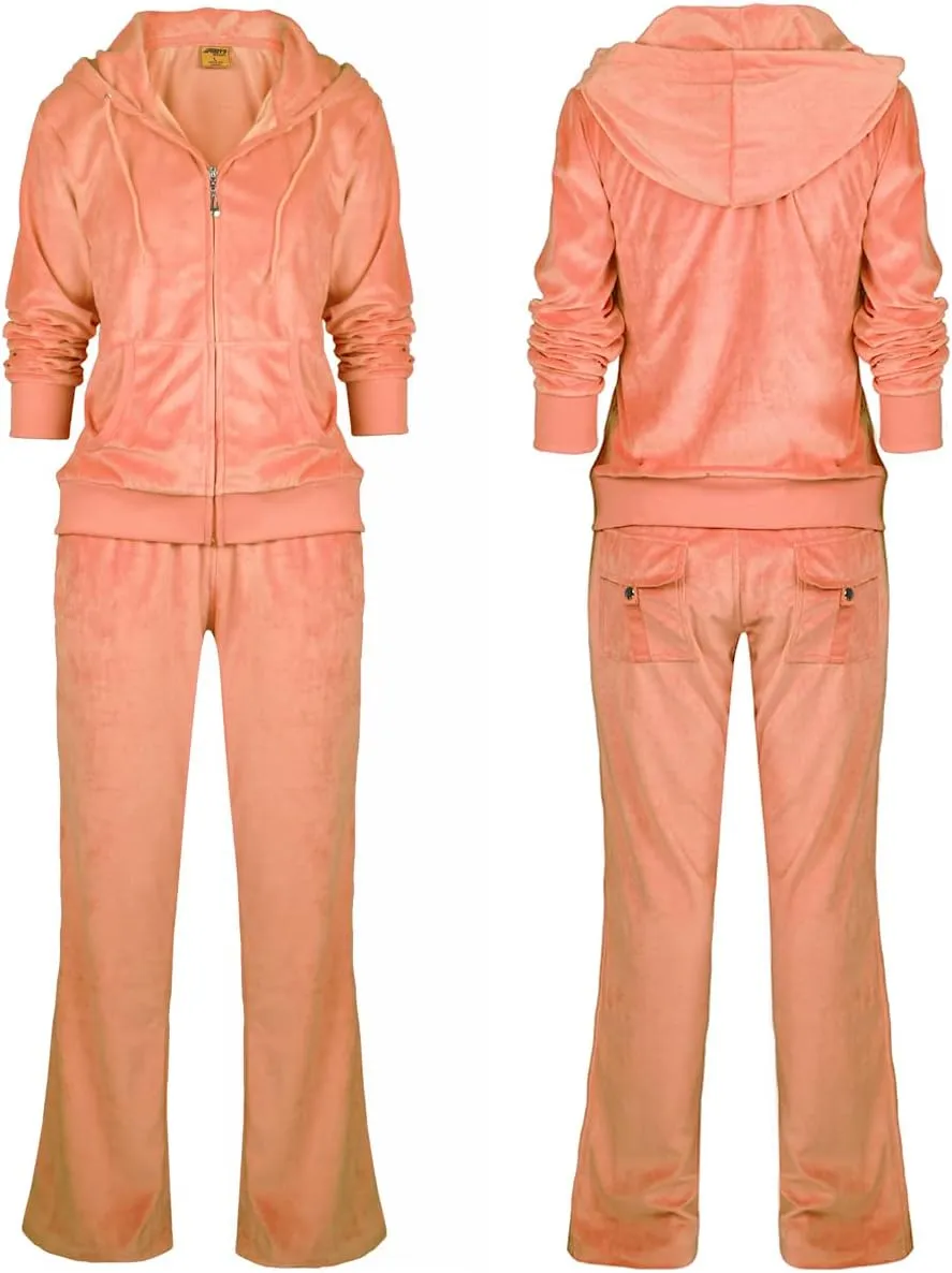 TanBridge Women's 2 Piece Solid Velvet Tracksuit Set Full Zip-up Hooded Sweatshirts & Pants Set