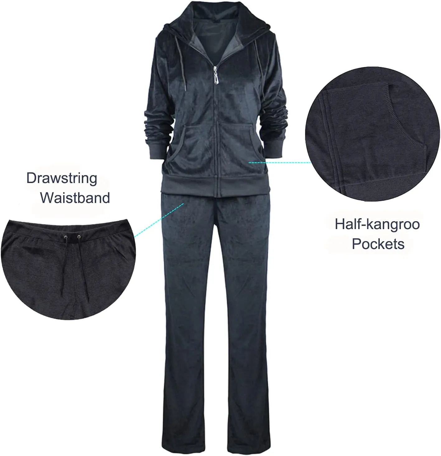 TanBridge Women's 2 Piece Solid Velvet Tracksuit Set Full Zip-up Hooded Sweatshirts & Pants Set