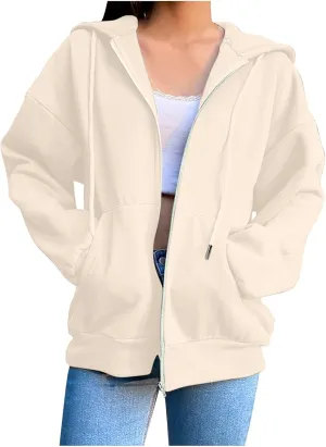 TANGNADE Women's Zip Up Hoodies Drawstring Fall Jacket Oversized Casual Sweatshirts Pullover with Pocket 2024 Winter Clothes