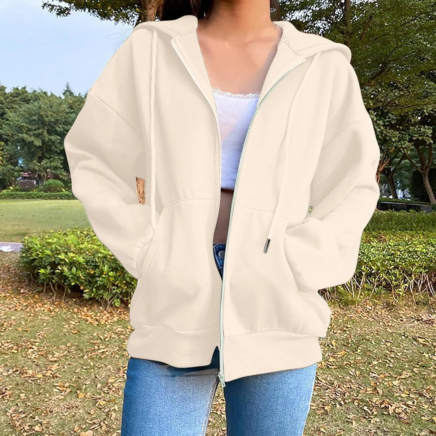 TANGNADE Women's Zip Up Hoodies Drawstring Fall Jacket Oversized Casual Sweatshirts Pullover with Pocket 2024 Winter Clothes