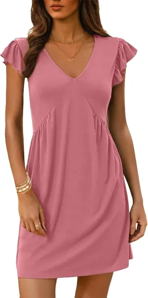 Tank Dresses for Women 2025 Deep V Neck Ruffle Sleeve Mini Dress Summer Casual Sexy Tunic Vacation Holiday Dresses