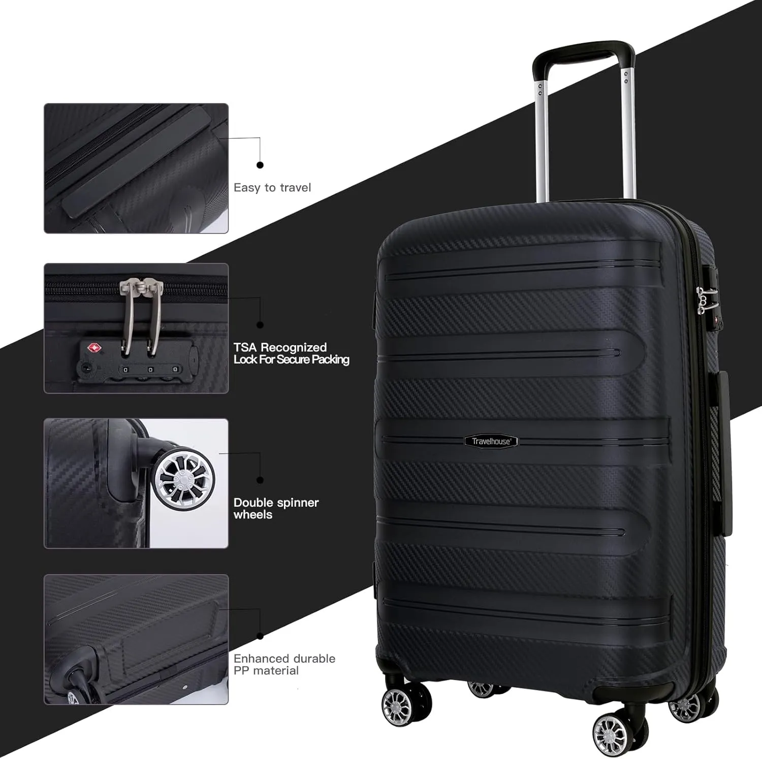 Travelhouse Luggage Set with Double Spinner Wheel,PP Hardside 3 PIECE Suitcase Set with Spinner Wheel, Carry on set with TSA Lock (BLACK)