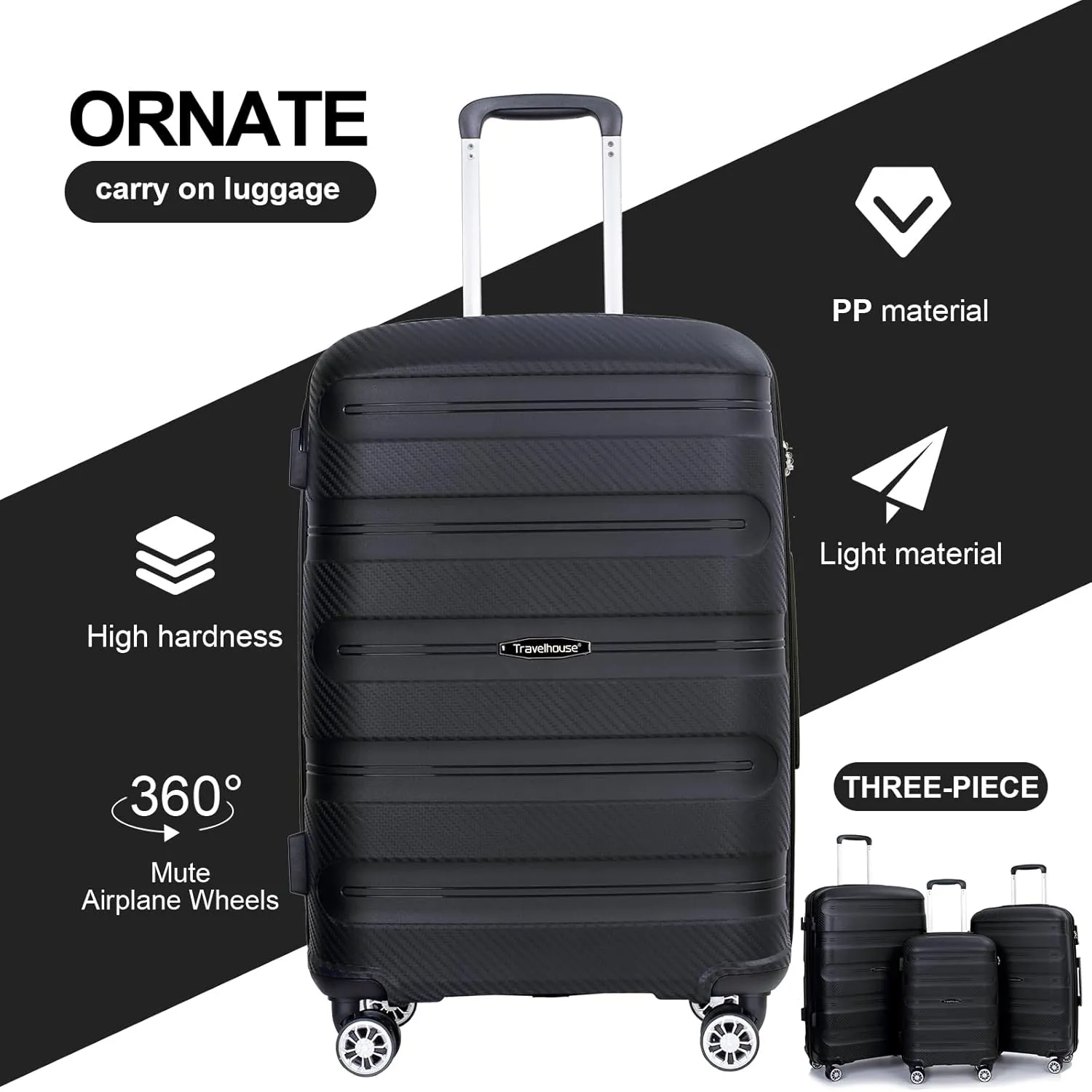 Travelhouse Luggage Set with Double Spinner Wheel,PP Hardside 3 PIECE Suitcase Set with Spinner Wheel, Carry on set with TSA Lock (BLACK)