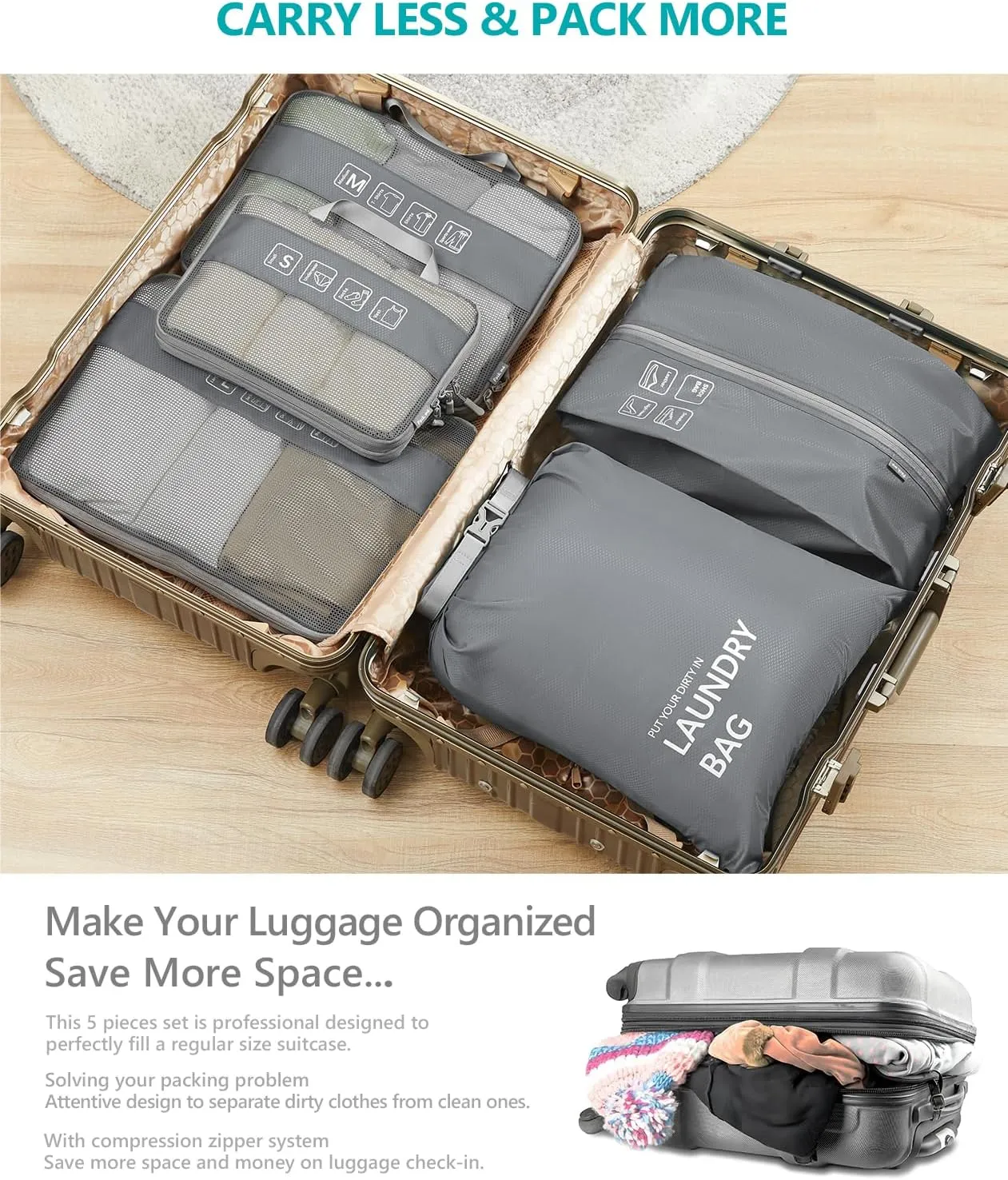 Travelkin 3 Set Packing Cubes - Compression Packing Cubes for Suitcase, Travel Organizers Bag Set