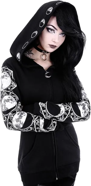 tuduoms Black Punk Gothic Hoodie Women Long Sleeve Zip Up Hoodie Moon Jacket Top Long Sweatshirts Plus Size Y2k Goth Clothing