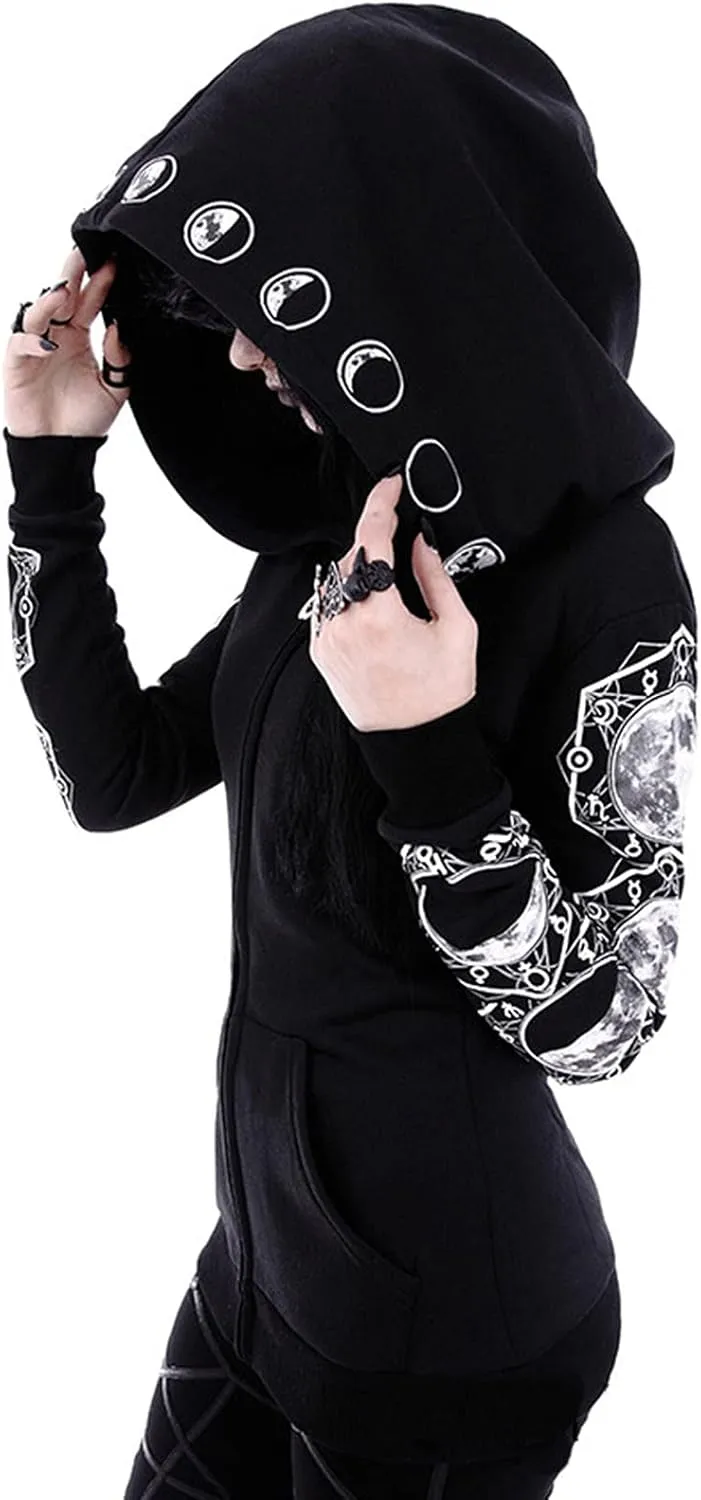 tuduoms Black Punk Gothic Hoodie Women Long Sleeve Zip Up Hoodie Moon Jacket Top Long Sweatshirts Plus Size Y2k Goth Clothing
