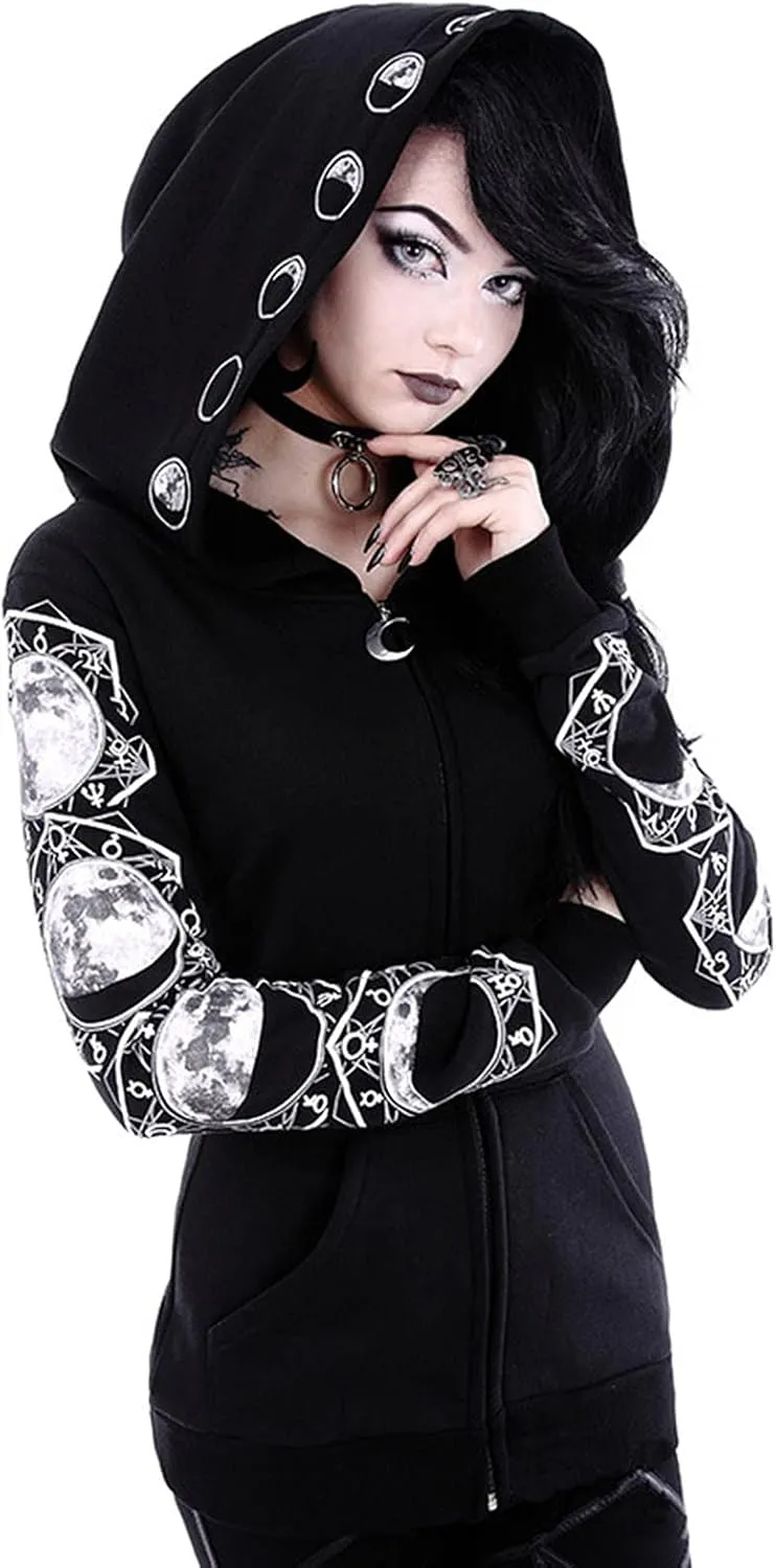 tuduoms Black Punk Gothic Hoodie Women Long Sleeve Zip Up Hoodie Moon Jacket Top Long Sweatshirts Plus Size Y2k Goth Clothing